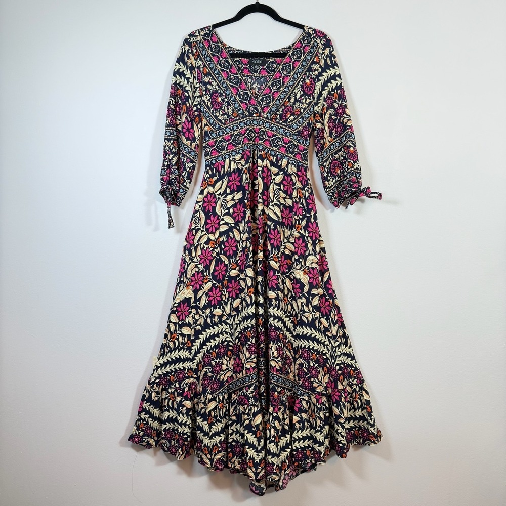 Papillon Boho Floral Maxi Dress Empire Navy Pink Festival Feminine Romantic  S